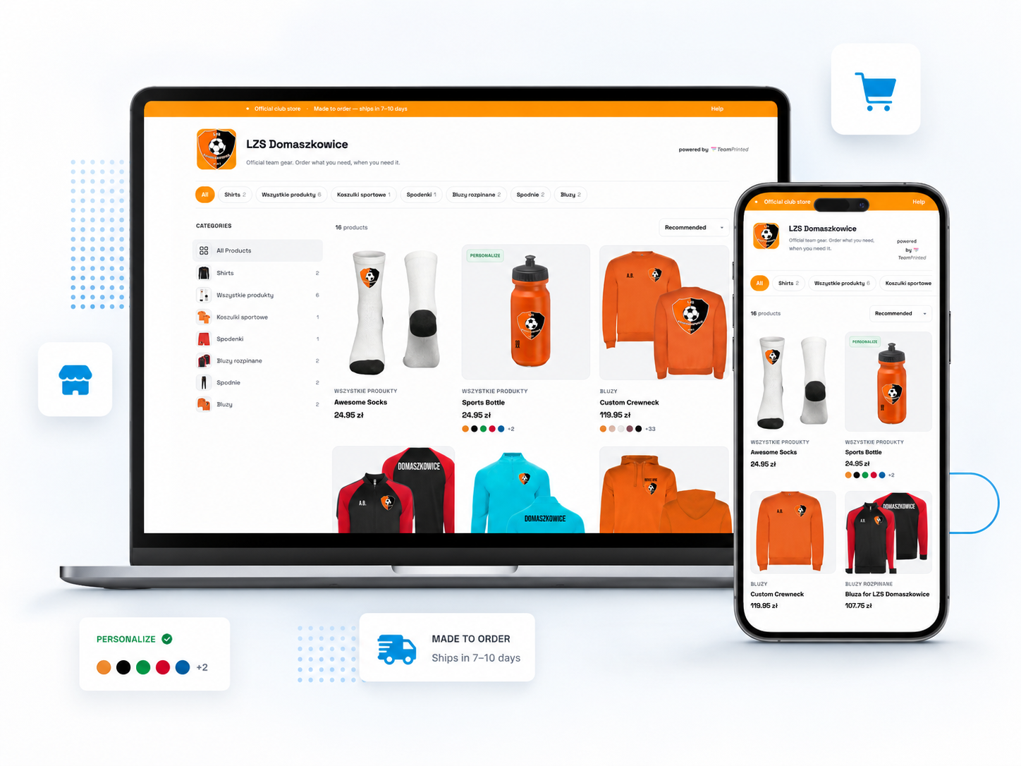 Obchod TeamPrinted pro klub na notebooku a telefonu