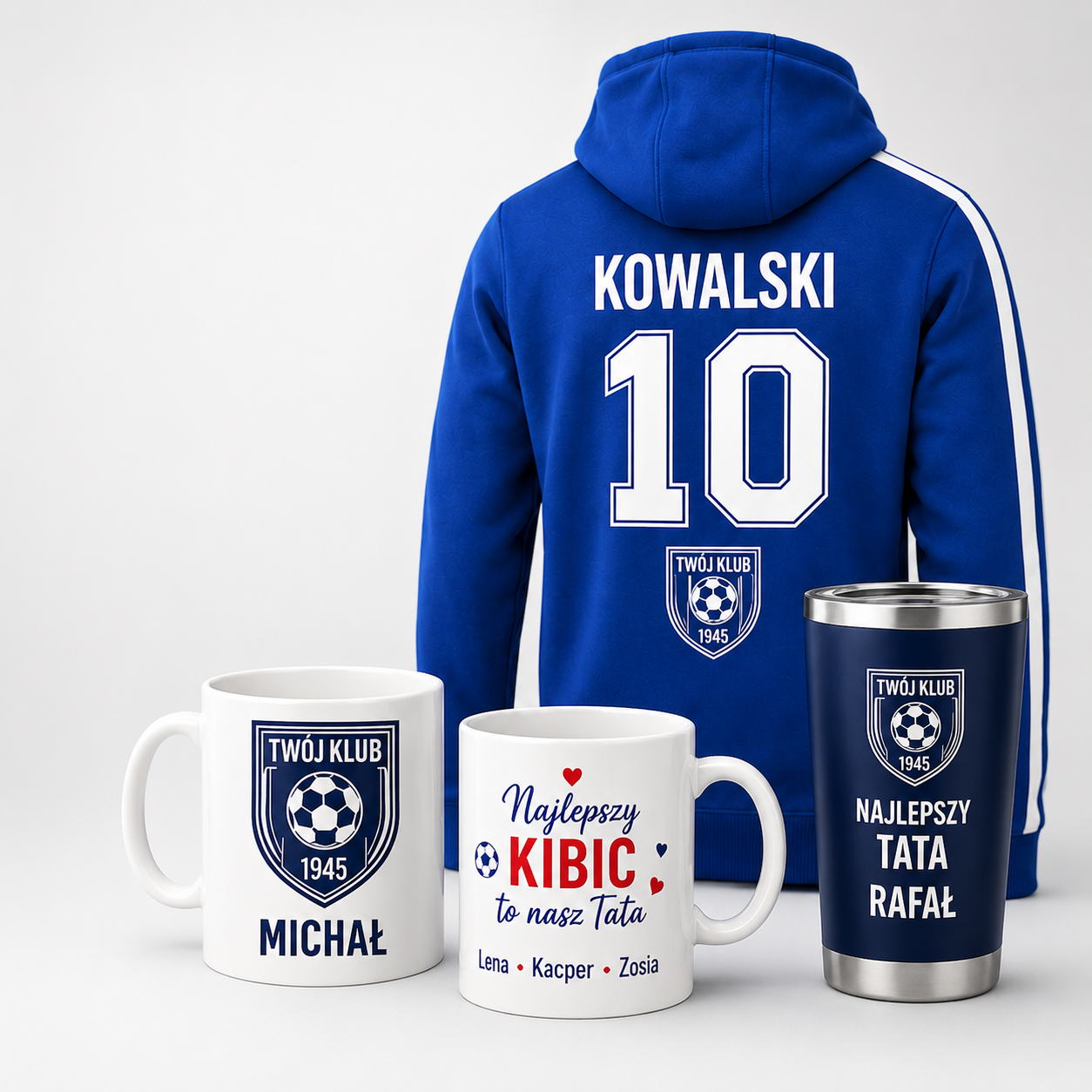 Personalizovaná klubová mikina, hrnky a tumbler s jménem a číslem